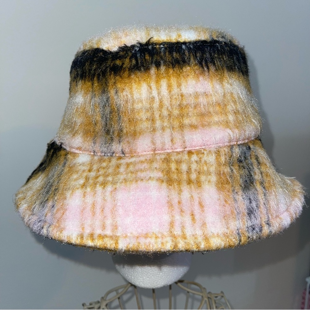 For Love and Lemons Rachel Wool Bucket Hat Plaid Yellow Tan Sz XS/S Letter “A”